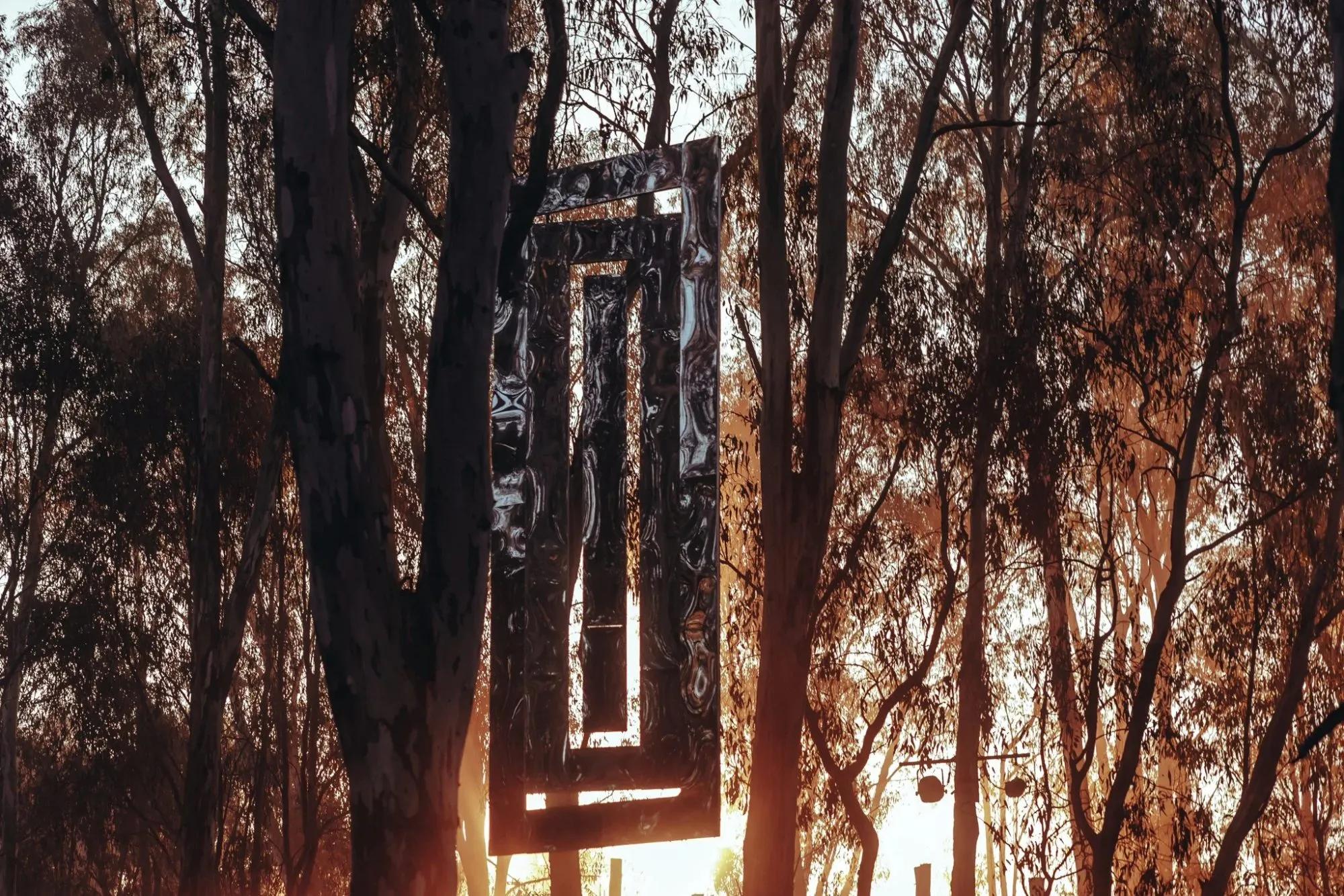 Concentric mirrored rectangles suspended between eucalypts, catching the sunset through the trees